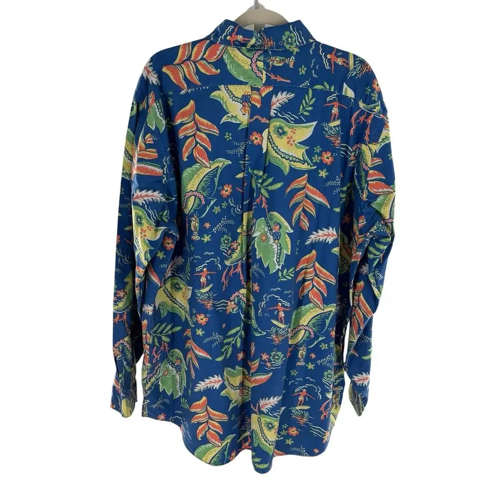 Ralph Lauren Blue Hawaiian Floral Tropical Button Down Shirt